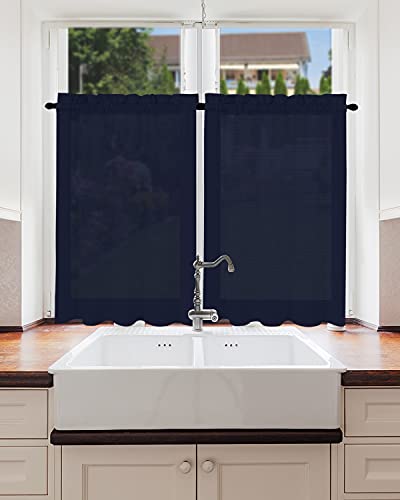 Airy Tier Curtains, Waffle Woven Textured Short Window Curtain, Waterproof Window Treatments Covering For Cafe, Bathroom, Kitchen & Kids Bedroom Rod Pocket Curtains (Navy Blue, 60" X 15"|Valance) #TOP7