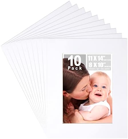 Betus 11x14 White Picture Mats, Acid Free, 1/16 Inches Thickness, White Core Bevel Cut Frame Mattes for 8x10 Pictures - Pack of 10