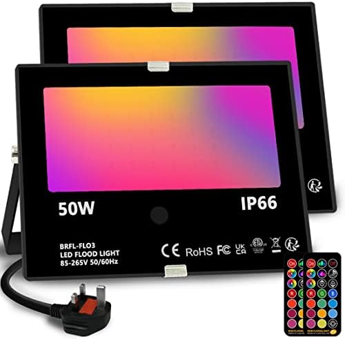 Bhochy LED Floodlight Outdoor 50W, Colour Changing Flood Lights with Remote Control, Timing, 4 Modes, IP66 Waterproof, UK 3-Plug2 Pack[Energy Class A++] [Energy Class A++]