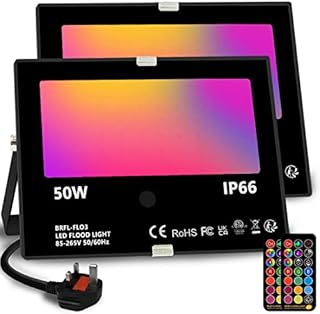 Bhochy LED Floodlight Outdoor 50W, Colour Changing Flood Lights with Remote Control, Timing, 4 Modes, IP66 Waterproof, UK 3-Plug2 Pack[Energy Class A++] [Energy Class A++]