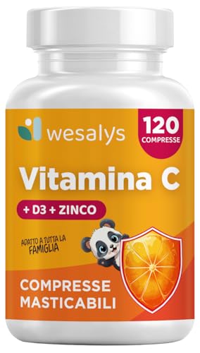 Vitamina C D Zinco, Masticabile gusto Arancia, per Bambini ed Adulti, Vitamina C 1000mg, Vitamina D3 2000 UI e Zinco 5mg in 2 cpr, WE Salus