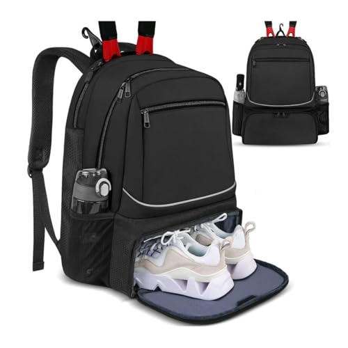 Large Tennis Backpack with Fence Hook - Badminton Racquet Bags with Separate Shoe Compartment for Women and Men, Side Mesh Pocket for Tennis Balls, Holds 2 Racquets for Sports Enthusiasts (Black)