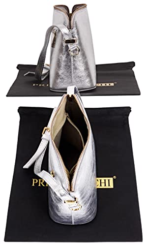 Primo Sacchi Ladies Italian Textured Metallic Silver Leather Small Triangular Shoulder Crossbody Bag #TOP4