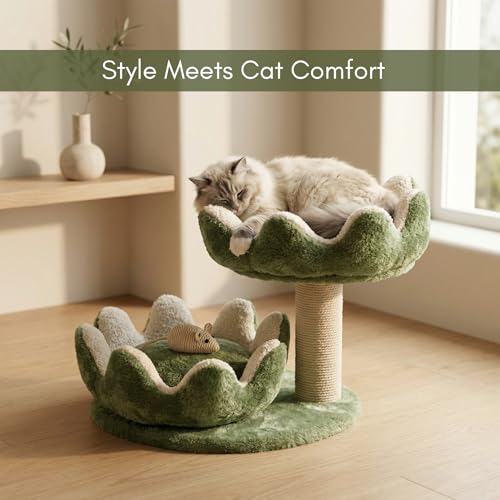 Image of 2-Tier Flower-Shaped Cat Tree with Sisal Scratching Post, Plush Beds, Green, 16x19x18 Inch (FURR-004-FLOWER) (Green)