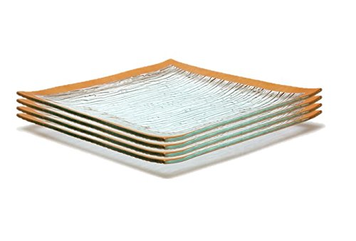 GAC Set of 4 Elegant Tempered Glass Dinner Plates Square Glass Plate 10.5 Inch, Break and Chip Resistant – Oven/Microwave Safe – Dishwasher Safe – Decorative Gold Border