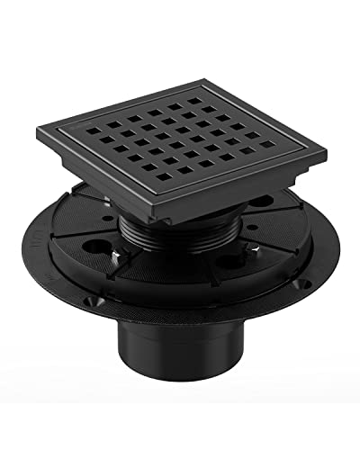 Black Shower Drain 4 Inch with Flange, Stainless Steel Square Shower Drain