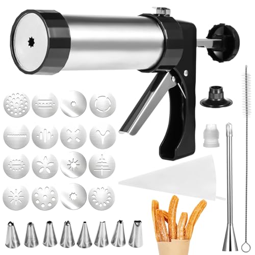 YOFAPA Churrera Churro Maker Machine Kit Stainless Steel Churro Maker Kit with 1 Piping Bag and 8 Piping Nozzles 1 Brush and 16 Discs Churro Filler Kit with Recipe Book Easy to Clean