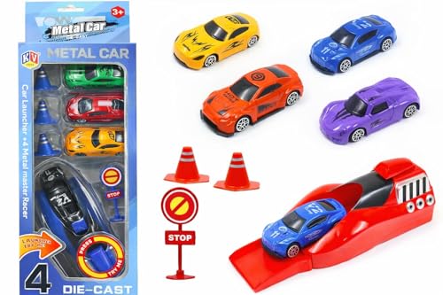 Image of Royals hub Big Size Rapid Launcher High Speed Car Set of 4PCS Die-Cast Metal Car Set Stunt Car Master Racer with High-Speed Launcher Includes 3 Road Blockers 1 Stopper Birthday Gift for Boys Girls 3+