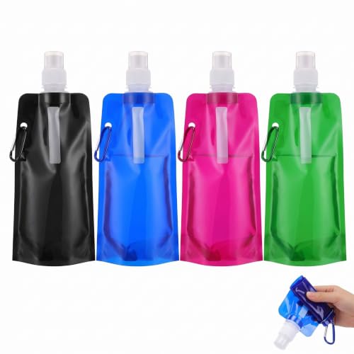 Pack de 4 Botellas de Agua Plegables 500ml, Soft Flask Flexible para Running, Senderismo y Ciclismo, Bidón de Agua Portátil y Reutilizable para Deportes al Aire Libre, Negro, Azul, Rosa, Verde