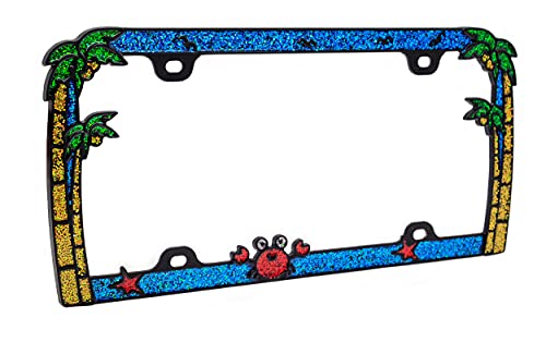 Creathome 3D Shining Palm Trees Crab License Plate Frame From Pure Zinc Alloy Metal Perfect Plate Holder, Matt Black With Colorful Glitters #TOP2