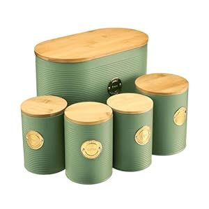 Cooks Professional 5 Piece Ribbed Tea Coffee Sugar Bread & Biscuit Cannisters with Air-Tight Bamboo Lids | Stainless Steel Kitchen Storage Bin Set | Modern & Stylish | Green & Gold