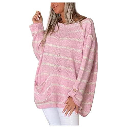 Dark Academia Clothing, Arm Sweater Women's Mock Turtleneck Long Sleeve Moon Sweater Plus Size Women's Solid Color Contrast Striped Pullover Round Neck Loose Sweater Knit Crop Big (4Xl, Pink) #TOP1