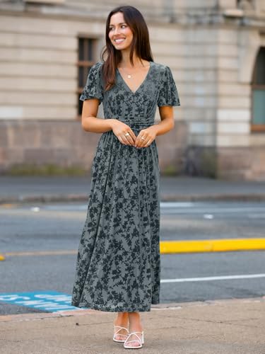 Image of Simplee Women's Velvet Maxi Dress V Neck Short Sleeve Empire Waist Semi Formal Long Cocktail Dresses