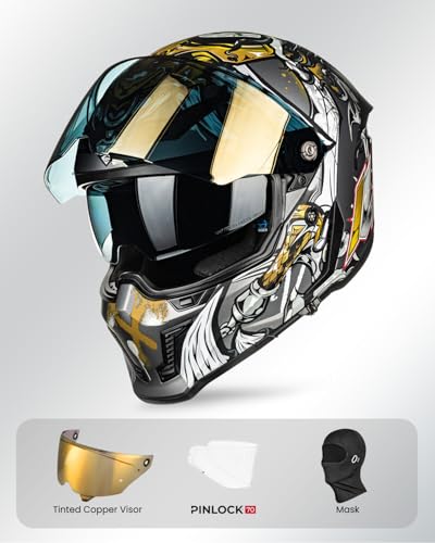 Image of ILM Motorcycle Helmets for Adult Men Women Full Face DOT ECE Powersports Dual Visor Street Racing Helmet with Pinlock Cascos para Motos Model MF509 (Ronin Gold, S)