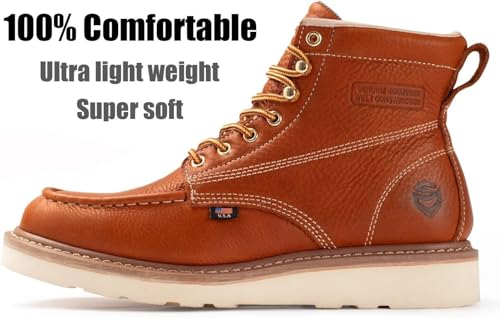 SUREWAY 6 in Mens Steel Toe Work Boots for Men-Full Grain Leather,Goodyear,Non-Slip EH Safety Industial Construction Wedge Moc Toe Work Boots/Shoes,Steel Toe Light Brown,Size 112