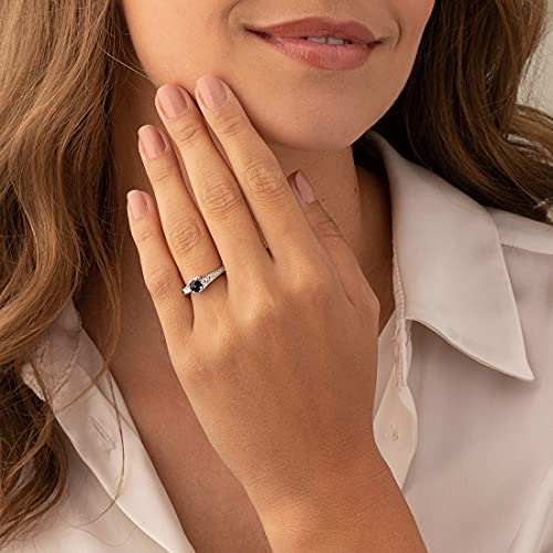 PEORA Created Blue Sapphire Women Ring 925 Sterling Silver, Enchanting Solstice Design, 0.75 Carat Round 5mm Sizes 5 to 92
