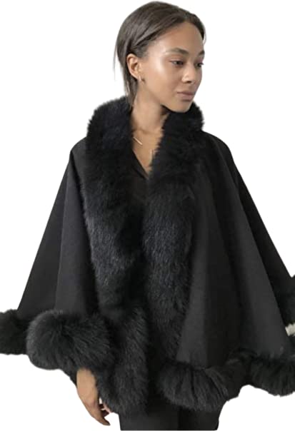 RizhikOvaBlack Women Winter Cashmere Coat Cape Trim Fox Fur, Winter Women's Poncho Jacket lined, Warm Elegant Women's coat
