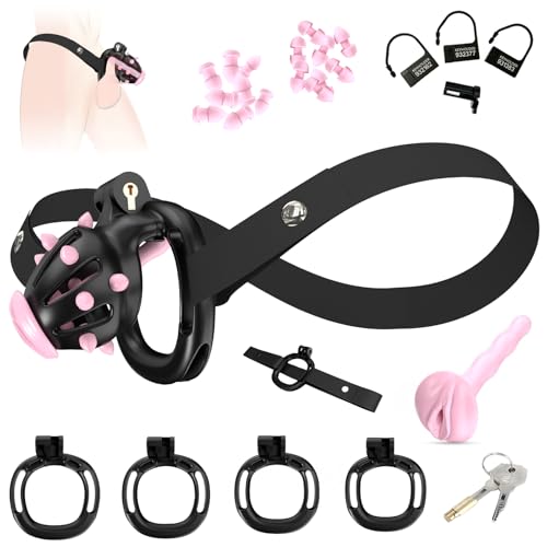 BDSMJOY G-3.0 Peniskäfig Set,Deluxe 3-IN-1 Keuschheitskäfig Herren,mit Fake Frau Pussy Penis Plug + Anti-Fall Chastity Cage Gürtel + Abnehmbar CBT Weicher Spikes,Keuschheitsgürtel für Herren (S)