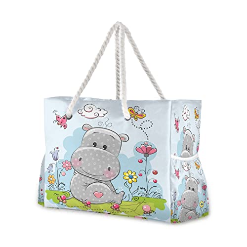 Orezi Large Zip Tote Beach Bag ,Oversize Cute Cartoon Hippo Tote Bag Shoulder Bag Weekender For Gym Beach Travel Pool Yoga Nurse, One Size #TOP30