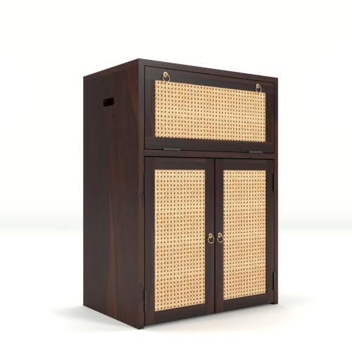 Image of Solid Sheesham Wood Battery Cabinet with Cane Doors | Wooden Inverter Battery Storage Cabinet