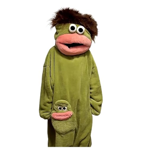 Virelia Funny Green Big Mouth Monster Onesie Unisex Adult Teens Ultra Soft Plush Hooded One Piece Pajamas with Pockets Casual Loungewear for Movie Night Halloween Family Matching