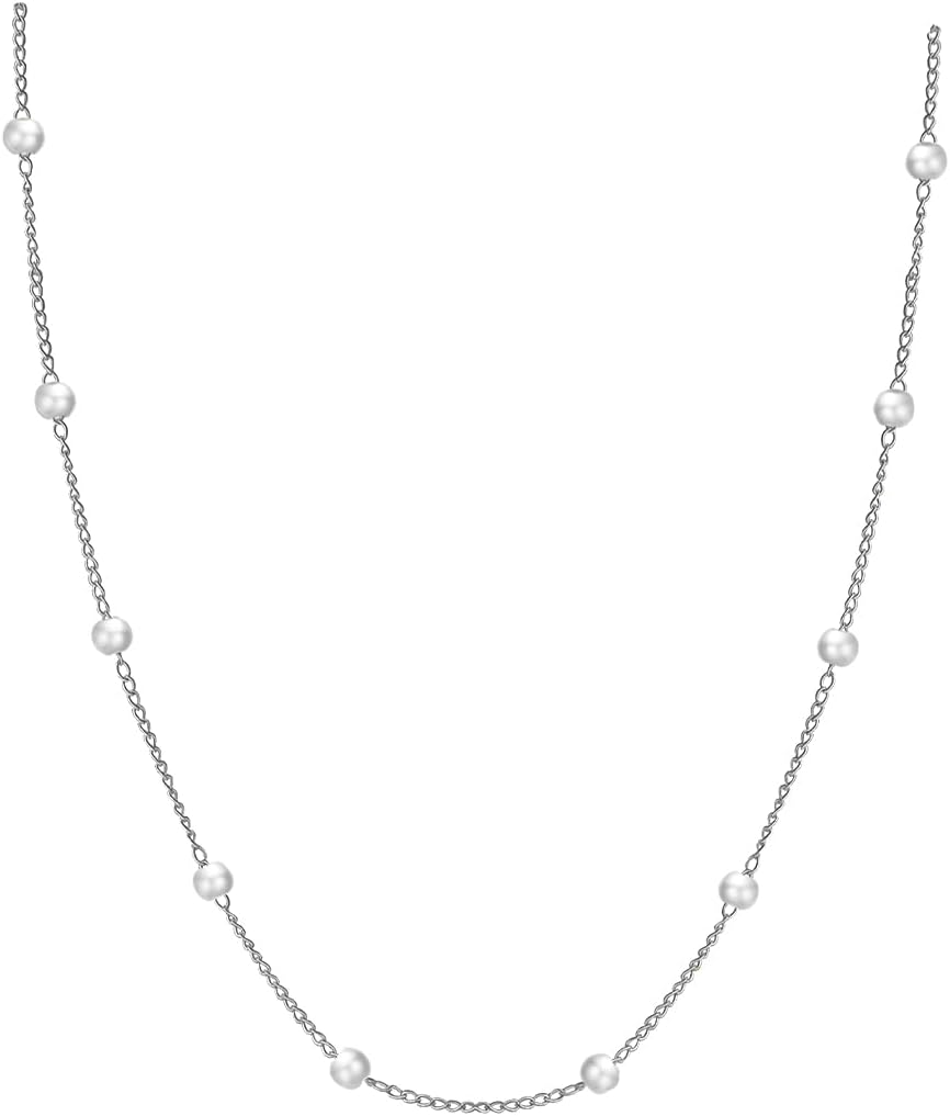 Pearl Necklaces for Women, Dainty 14K Gold/Silver Plated Pearl Necklace Simple White Pearls Choker Necklace Elegant Tiny Small Pearl Necklaces Wedding Jewelry Gift