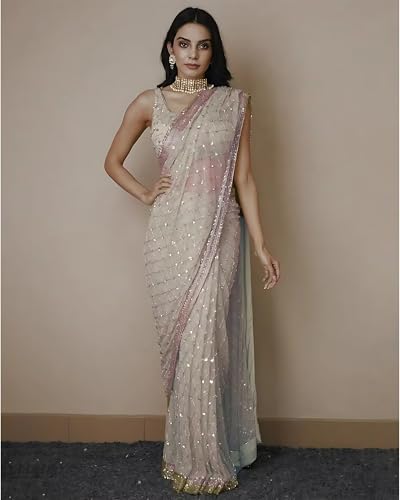 Image of VAIRAGEE Women Soft Net Silk Jari Square Shape Embroidery & Sequence Work Saree With Unstiched Blouse(6097)