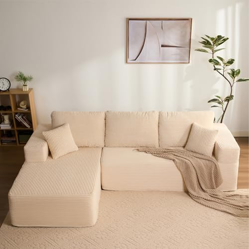 Litbird Sofá esquinero Modular en L con función Cama y Chaise Longue Derecha – Tapizado en Pana, Asiento Profundo – Sofá Cama para salón – Sin Montaje (Beige, Chaise Longue Izquierda)