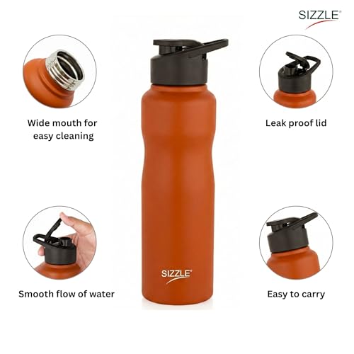 Image of Sizzle Orbit 750ml Stainless Steel Sports Water Bottle - Leakproof & Lightweight Fridge Bottle - for Gym, Office, School & Home - BPA Free, Easy to Clean (Orange)