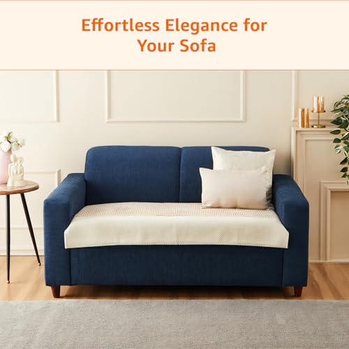 Image of Amazon Basics Knitted Fabric Sofa Cover for Two Seater, Playful Polka Dots, Non-Slip Sofa Pad, 70x120 cm, Soft Silicone Grip Dots, 100% Polyester, Machine Washable - Camel