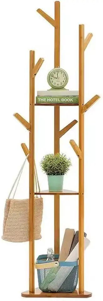 Mancebo Cabideiro de Chão em Bambu, com Prateleiras e Ganchos, 164,5 x 35 cm, Estilo e Design que se assemelha a uma Árvore Natural