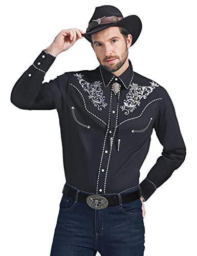 JoZorro Men's Long Sleeve Pearl Snap Shirt Rhinestone Cowboy Cut Western Embroidered Casual Button Down Shirt3