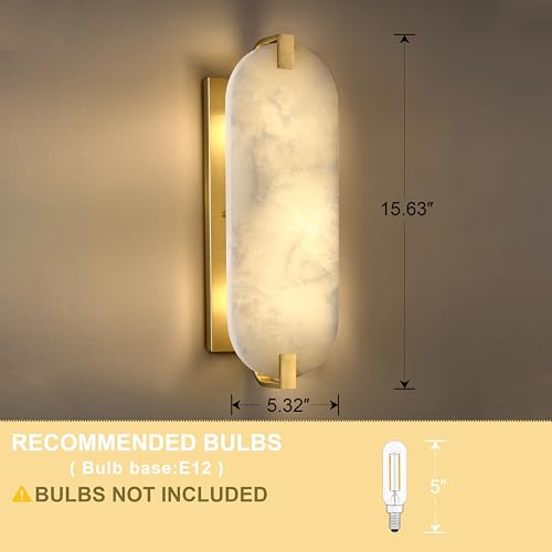 Image of 15.7 inch Natural Oval Alabaster Marble Modern Concise 2 Pack 2 Light Wall Sconce Fixture,Gold Finish for Bathroom Bedroom Hallway Bedside Staircase Vanity Mirror