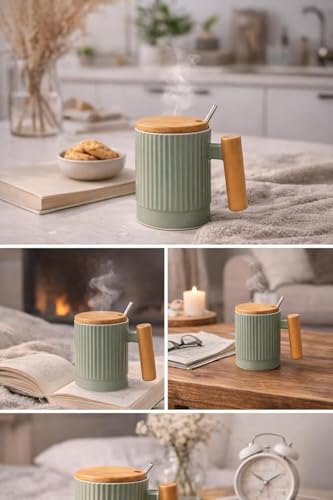 Image of Coffee Mug, Gift for Woman, Birthday Present for Girlfriend, Present for Wife Birthday, Mugs for Present, Holi Gifts, Panda Mug with Lid & Spoon (Fluted Green)