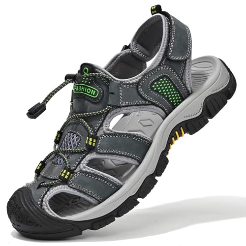 MILDSEVEN Men's Large Size Closed Toe Sandals, Fashion Real Leather Hiking Sandals, Hollow Out Backpacking Beach Shoes,6.5,Grey