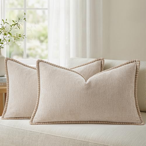 Image of a moment Pack of 2 Decorative Chenille Throw Pillow Covers with Twill Cushion Covers for Sofa Living Room Couch Bed 20x12 Inch,Crafted Border Beige
