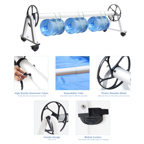 Carrete de piscina para cubiertas de piscina, rodillo telescópico de aluminio con ruedas y manivela de mano, carrete de manta solar para piscinas enterradas/sobre el suelo