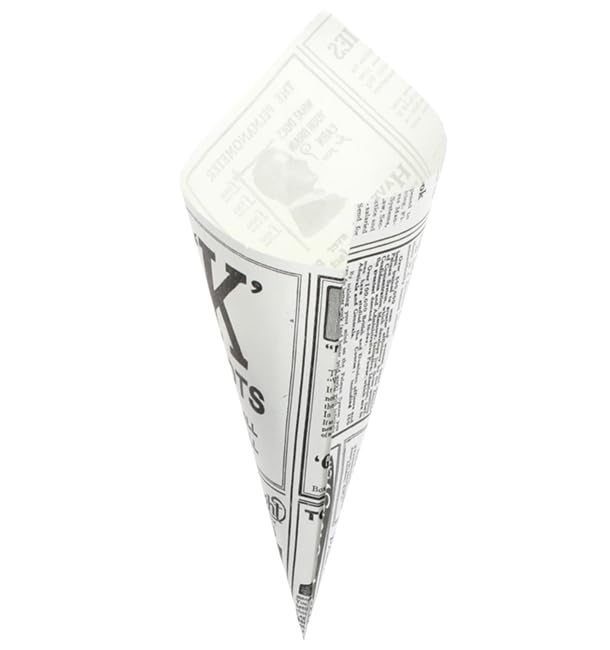Monouso | 250 Conos de Papel Antigrasa, 16cm, 40g, Diseño Periódico, Patatas Fritas, Snacks, Take Away, Delivery, Restaurantes de Comida Rápida, Eventos, Catering