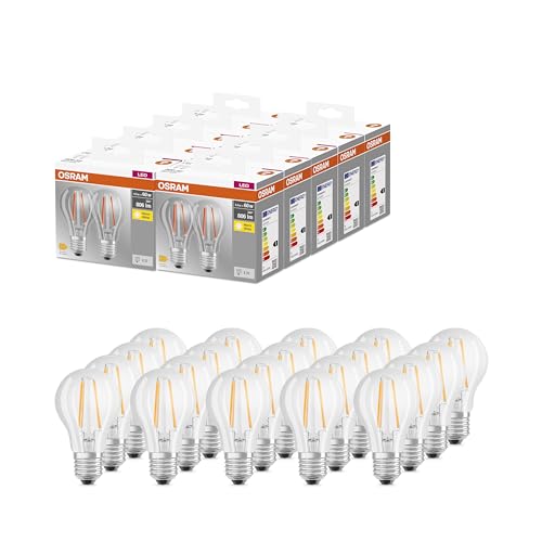 OSRAM BASE CLASSIC A FIL 60 LED-Lampe mit Sockel E27, klassische Kolbenform, Doppelpack, 6,5W, 806lm, 2700K, warmweißes Licht, geringe Wärmeentwicklung, lange Lebensdauer, energiesparend,20-Pack