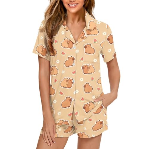 Image of Women's Short Sleeve Sleepwear Button 2 Piece Plus Size Pajamas Casual Soft Stretchy Funny Nightwear with Pockets