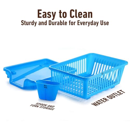 Image of Plastic Kitchen Dish Drainer Rack with Drying Tray & Cutlery Holder | 23 x 46 x 56 cm Utensil Stand & Bartan Stand | Mesh Design Dish Drying Basket Organizer for Kitchen Counter - Blue