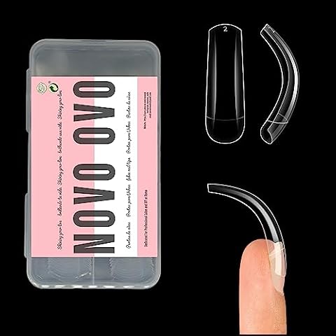 NOVO OVO 100 pcs Long Hawk Curved Nail tips, Clear Cystal Extra Super Extreme Deep Curve Half Cover Tapered Square Eagle Claw Soft Gel False Nail Extension for Acrylic Nails x 10 Sizes in Box Cover