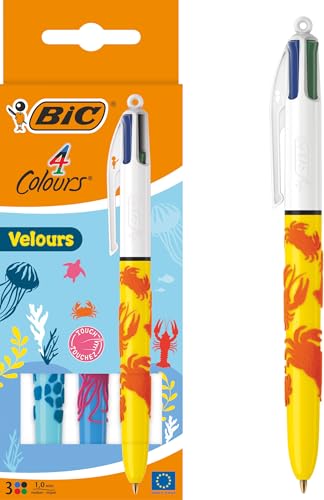 Bic Velour - Caja de 3 Bolígrafos 4 Colores Edición Especial, Punta 1.0 mm, Con Terciopelo Para Decorar, Colores Surtidos