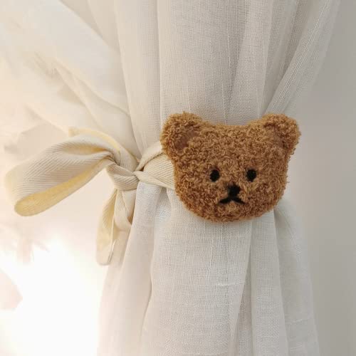 Image of 2 Pack Cute Curtain Tiebacks Cartoon Bears Embroidered Animal Shape Bedroom Accessories (Brown)