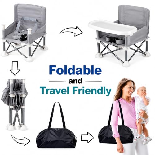 Image of Portable Foldable Baby Dining Chair for Babies & Toddlers | Foldable Travel High Chair with Removable Tray, Safety Harness & Carry Bag | Lightweight Feeding Seat | Grey