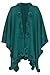 Produktbild AdoniaMode Damen Poncho extra gross Fein-Strick Cape Stola Schultertuch Überwurf aus Wolle und Viskose Fellbommeln Petrol, Gr. 44-60