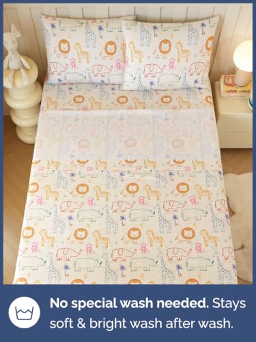 Image of Kids Full Size Animal Bed Sheets - 4 Piece Kids Animal Sheet Set - Doodle Safari Bedding - Ultra-Soft, Cute & Cozy - Breathable & Machine Washable - Jungle Bed Set for Boys, Girls, Teens & Toddlers