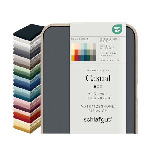 schlafgut Casual Spannbettlaken 100% Bio Baumwolle Made in Greem by Oeko TEX (90x190cm bis 100x200cm Matratzenhöhe bis 25cm, Grey Deep)
