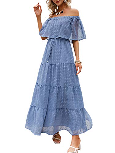 Lovinchic Women s Off Shoulder Ruffle Maxi Dress Flowy Chiffon Beach Long Dress Blue 4-6