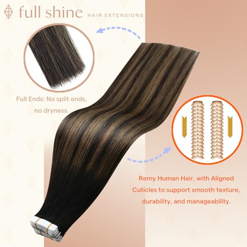 Image of Full Shine Human Hair Extensions Tape in, Off Black Brown Ombre 12 Inch | 30g 20PCS, Seamless Skin Weft Tape in Hair Extensions, Balayage Invisible Blend Double Sided Adhesive Soft Daily Volume